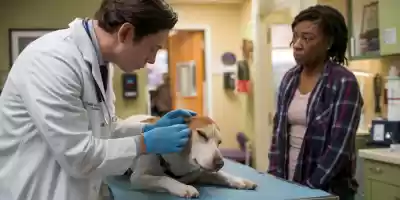 Perro con pancreatitis siendo examinado por un veterinario.